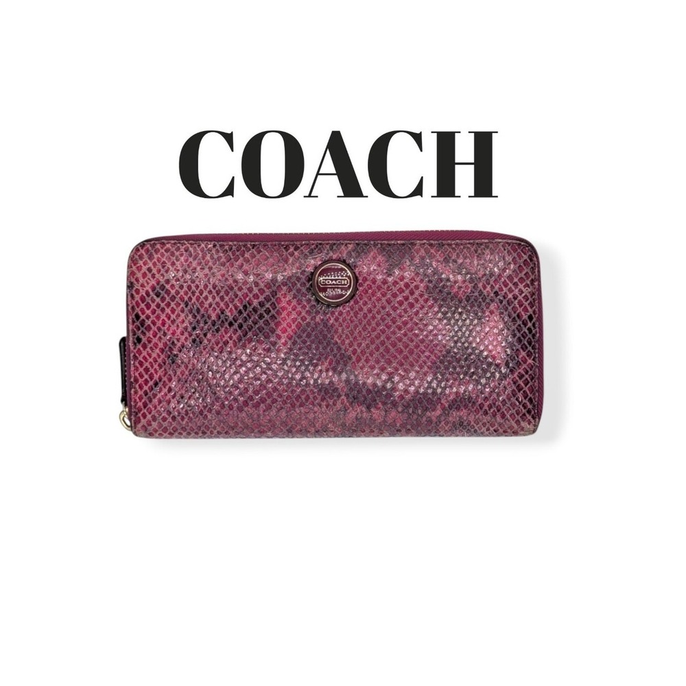 Coach Accordion Wallet Python Pink Snakeskin Leather Raspberry Black Zip Around